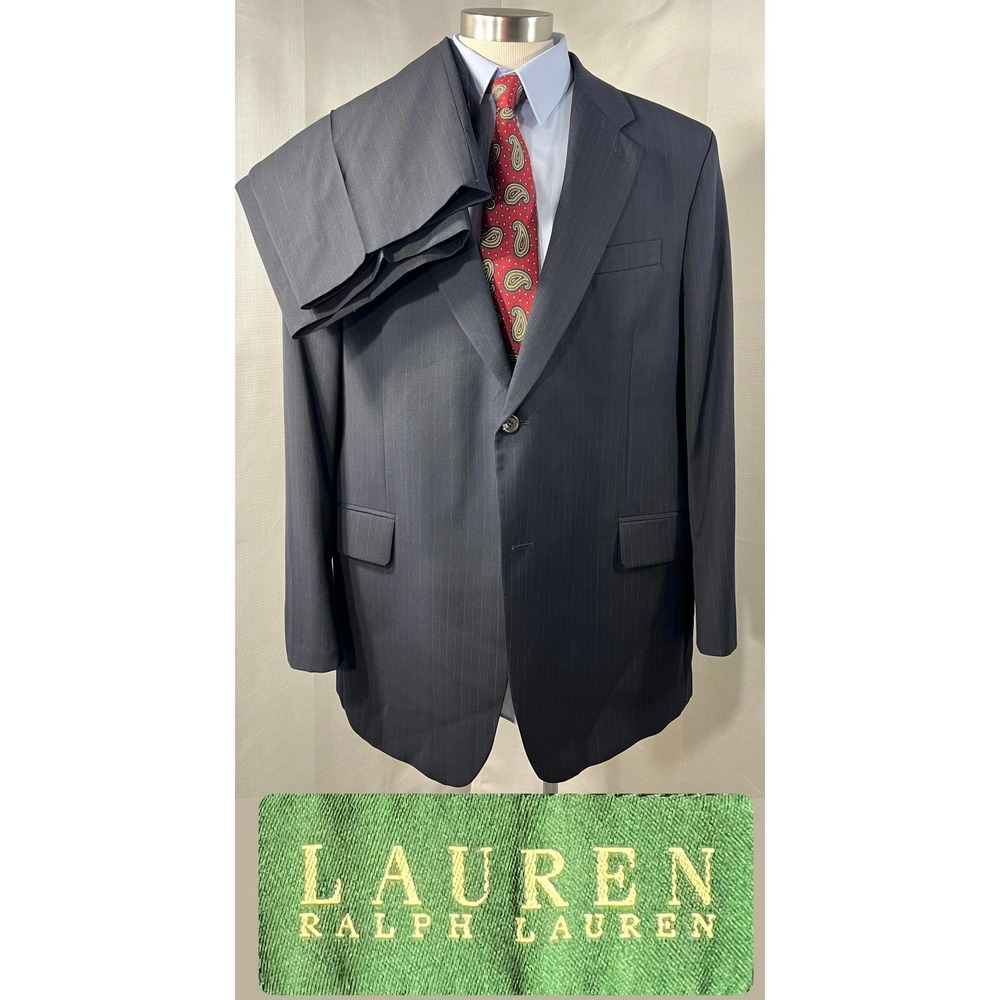 Lauren Ralph Lauren Mens 46R Navy Blue Pinstripe 100% Wool Suit 2 Piece Set